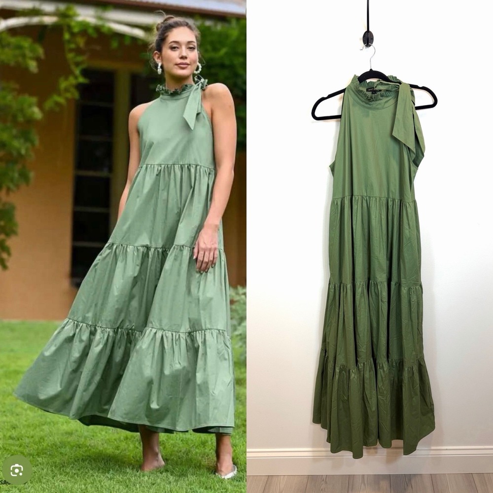 Wyatt Wylde Helena Maxi Dress Green Tiered High Neck Sleeveless Size Large